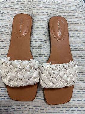 Marc Fisher White Braided Slide Sandals with Tan Footbed